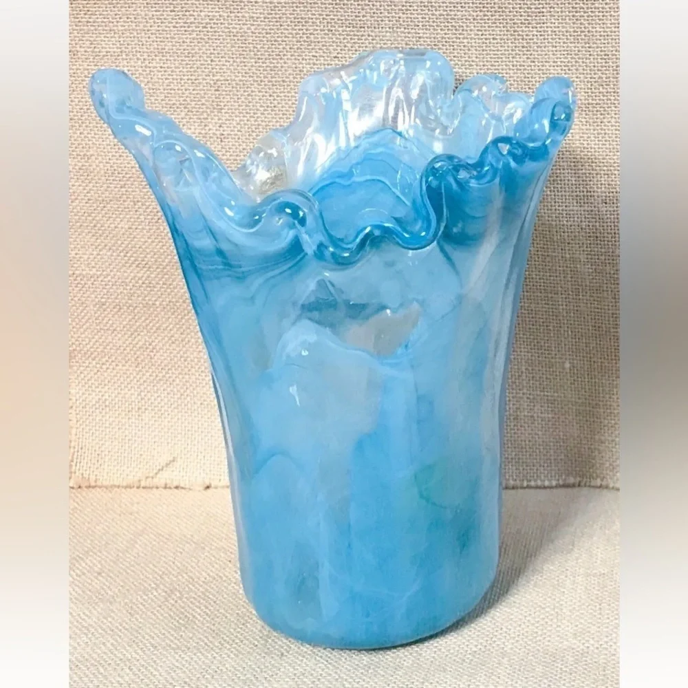 Blue Ripple Swirl Art Glass Vase Scalloped Asymmetrical Rim Beach Coastal Ocean
